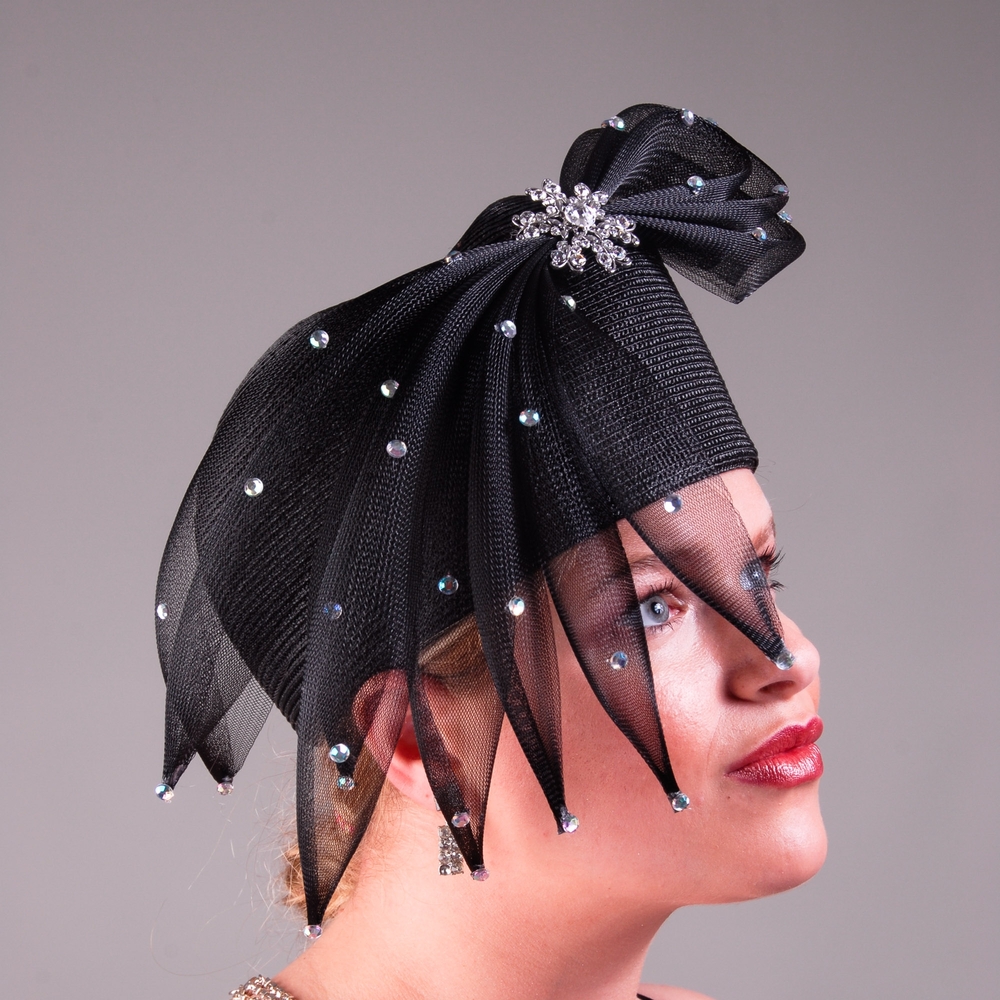 Beloved Millinery Elegant Couture Black Jeweled Hat Tea Brunch Church Funeral - Picture 3 of 5
